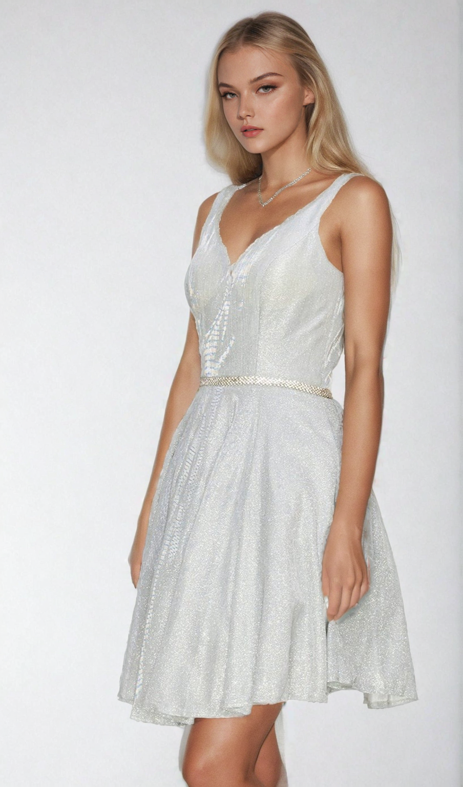 A woman with long blonde hair wears the Short A-Line Glitter Homecoming Dress 8013J, a sleeveless white V-neck dress with a thin belt, standing against a plain light background.